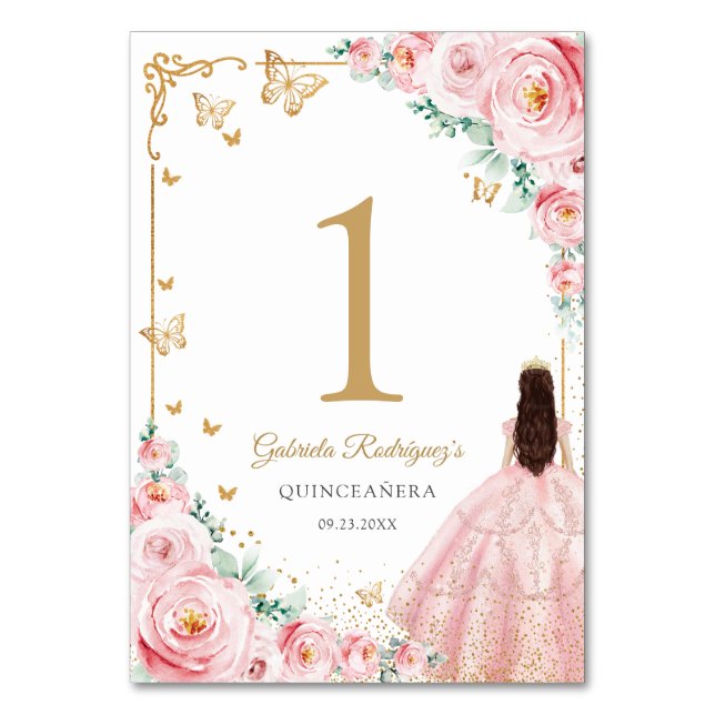 Elegant Chic Pink Roses Gold Quinceanera Table Number (Front)