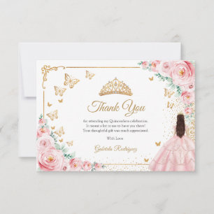 Elegant Chic Pink Roses Gold Quinceanera Thank You Card