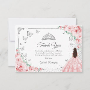 Elegant Chic Pink Roses Silver Quinceanera Thank You Card