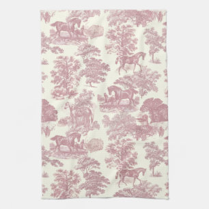 Elegant Chic Pink Rustic Horses Toile Kitchen Towel