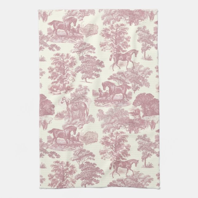 Elegant Chic Pink Rustic Horses Toile Kitchen Towel (Vertical)