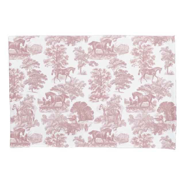 Elegant Chic Pink Rustic Horses Toile Pillowcase (Front-Left)