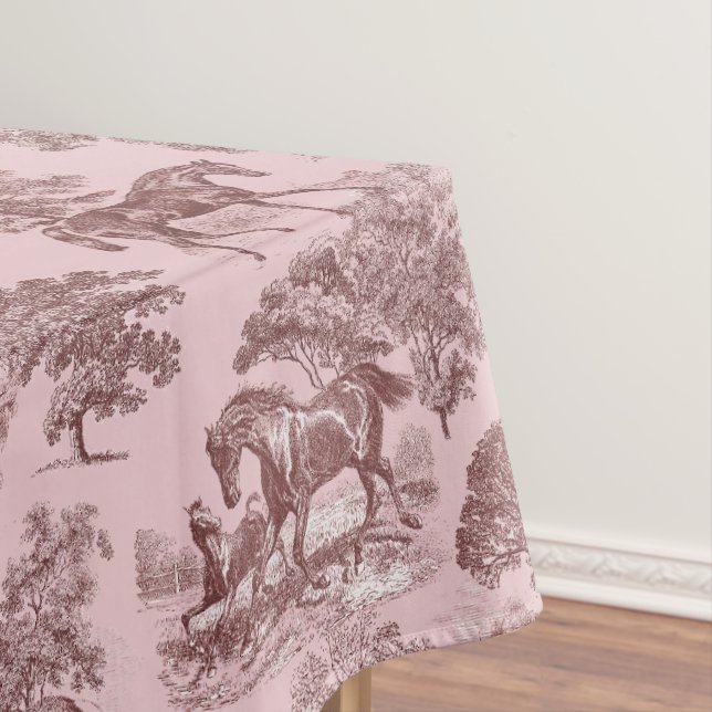 Elegant Chic Pink Rustic Horses Toile Tablecloth (In Situ)