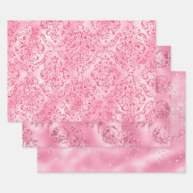 Elegant Chic Pink Sparkles Glitter Feminine Wrapping Paper Sheet (Set)