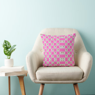 Elegant Chic Pink & White Plaid With Flower Throw Pillow