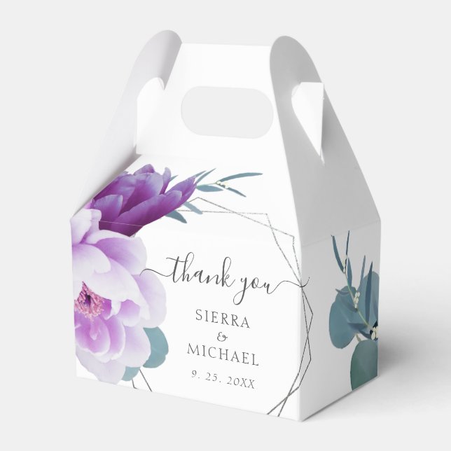 Elegant Chic Purple and Silver Floral Wedding  Favor Box (Front Side)