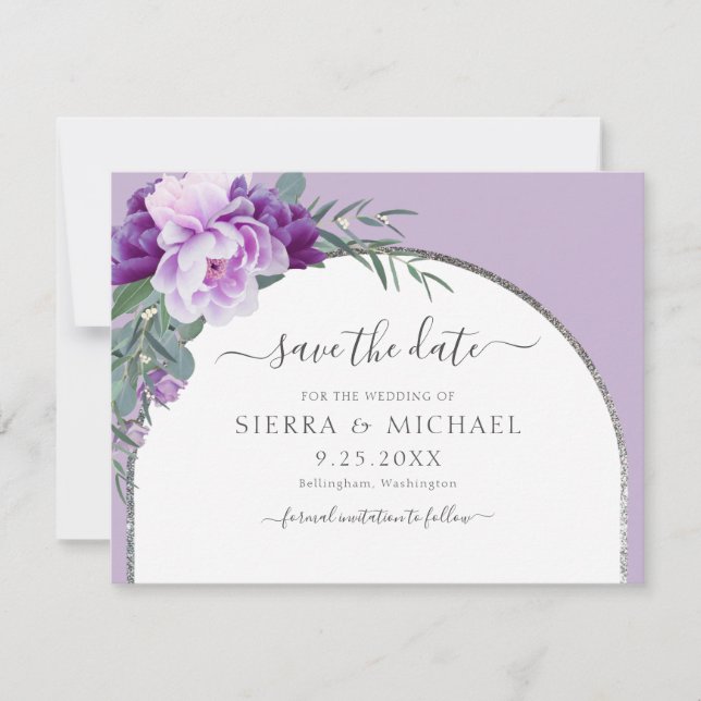 Elegant Chic Purple Floral Silver Arch Wedding Save The Date (Front)