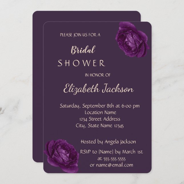 Elegant Chic Purple Roses  Bridal Shower Invitation (Front/Back)