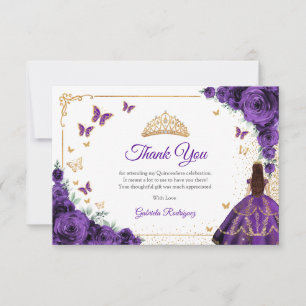 Elegant Chic Purple Roses Gold Quinceanera Thank You Card