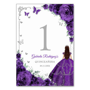 Elegant Chic Purple Roses Silver Quinceanera Table Number