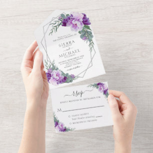 Elegant Chic Purple & Silver Floral Wedding All In One Invitation