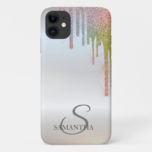 Elegant Chic Rainbow Glitter Drips Silver Case-Mate iPhone Case (Back)