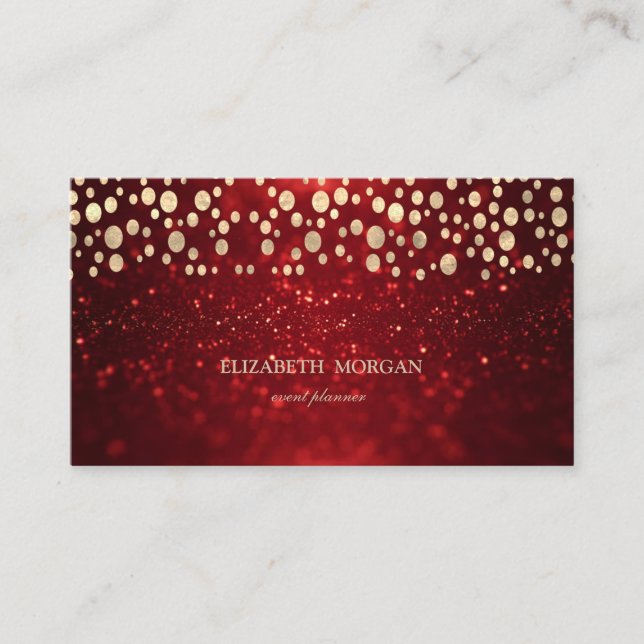 Elegant Chic Red Glitter Bokeh Gold Confetti Business Card (Front)