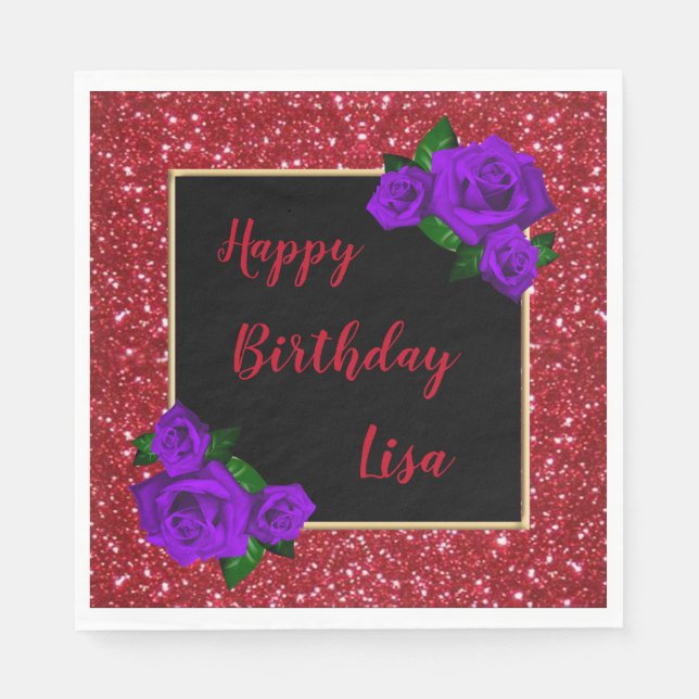 Elegant Chic Red Glitter Purple Roses Birthday Napkin (Front)
