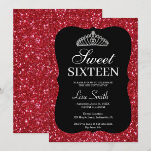 Elegant Chic Red Glitter Tiara Sweet 16 Invitation