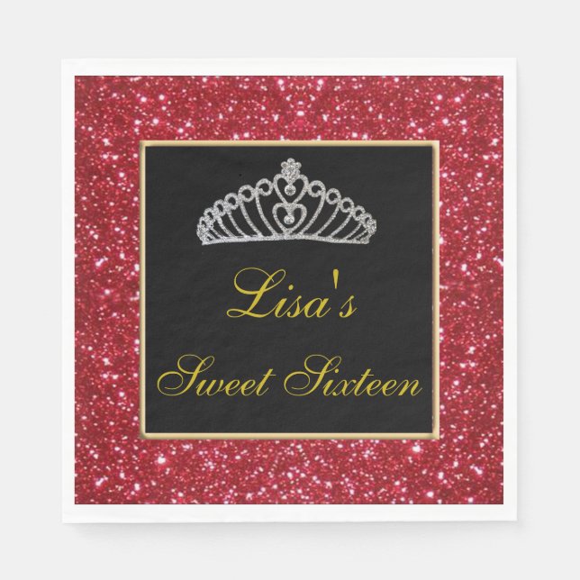Elegant Chic Red Glitter Tiara Sweet 16 Napkin (Front)