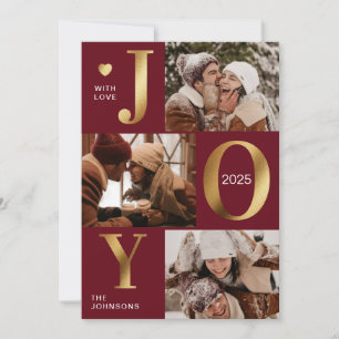 Elegant Chic Red Gold Photo Collage Joy Christmas Holiday Card