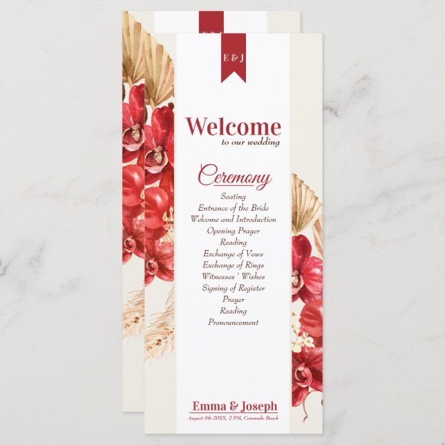 Elegant chic red orchid fall custom Wedding  Program (Front/Back)