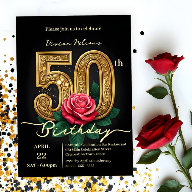 Elegant Chic Red Rose & Gold Number 50th Birthday Invitation (Creator Uploaded)