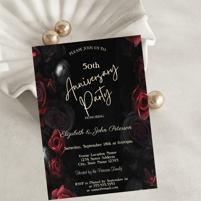 Elegant Chic Red Roses Black Wedding Anniversary Invitation (Creator Uploaded)