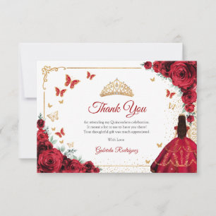 Elegant Chic Red Roses Gold Quinceanera Thank You Card