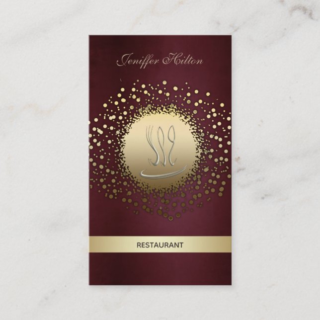 Elegant chic restaurant/ catering confetti vintage business card (Front)