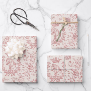 Elegant Chic Rose Beige Equestrian Floral Toile Wrapping Paper Sheet