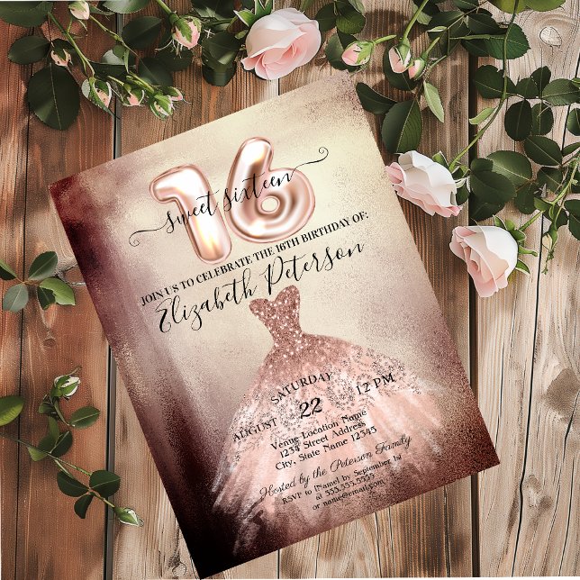 Elegant Chic Rose Gold Dress Confetti Sweet 16 Invitation (Creator Uploaded)