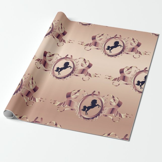 Elegant Chic Rose Gold Equestrian Ribbon Crest Wrapping Paper (Unrolled)