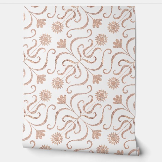 Elegant Chic Rose Gold Floral Damask Pattern Light Wallpaper (Unrolling)