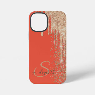 Elegant Chic Rose Gold Glitter Drips Diamonds iPhone 12 Mini Case