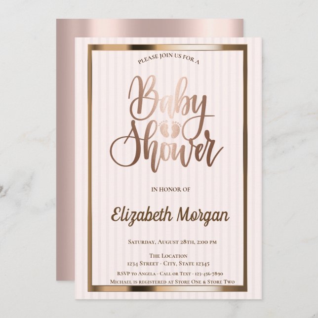 Elegant Chic Rose Gold Striped Baby Shower Invitation (Front/Back)