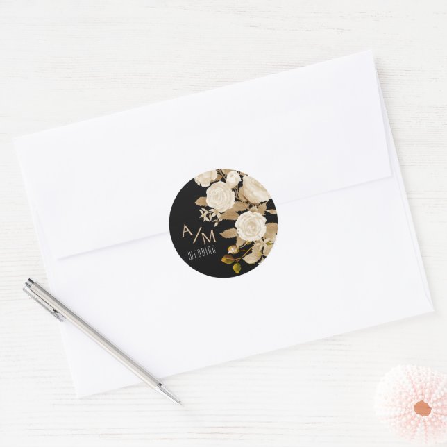 Elegant Chic Rose Monogram Black Classic Round Sticker (Envelope)