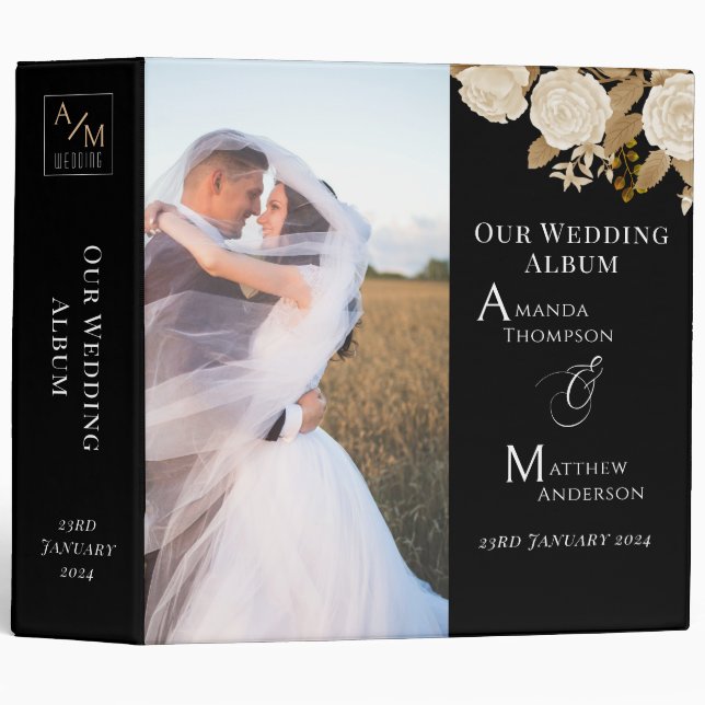 Elegant Chic Rose Monogram Black Photo  Binder (Front/Spine)