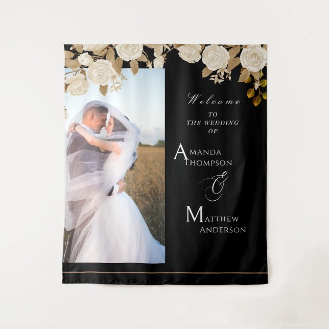 Elegant Chic Rose Monogram Black Photo Tapestry (Front)