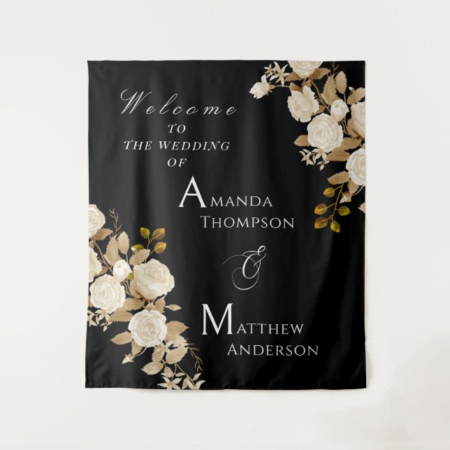 Elegant Chic Rose Monogram Black  Tapestry (Front)