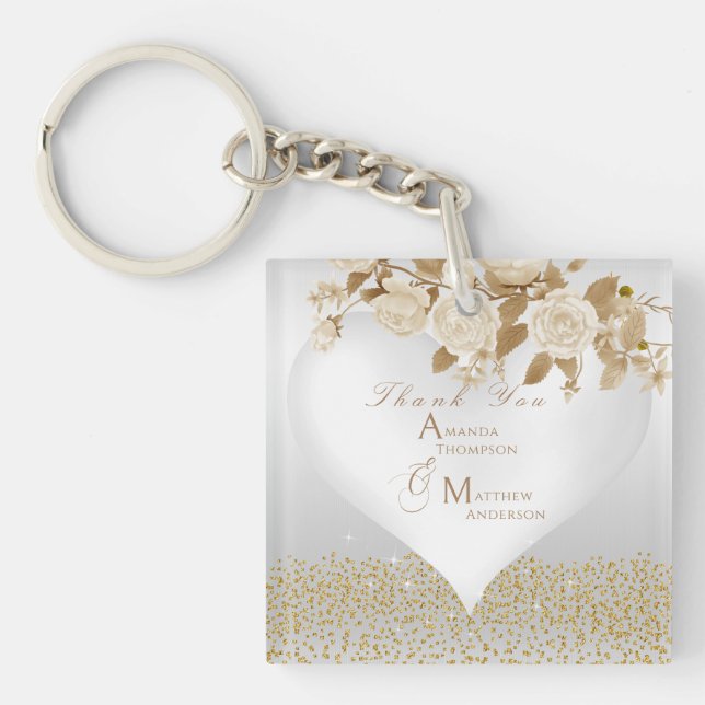 Elegant Chic Rose Monogram White  Keychain (Front)