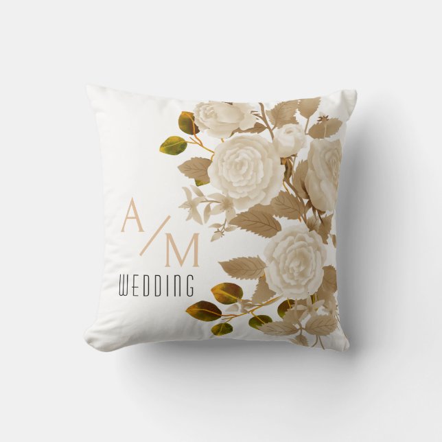 Elegant Chic Rose Monogram White Throw Pillow (Front)