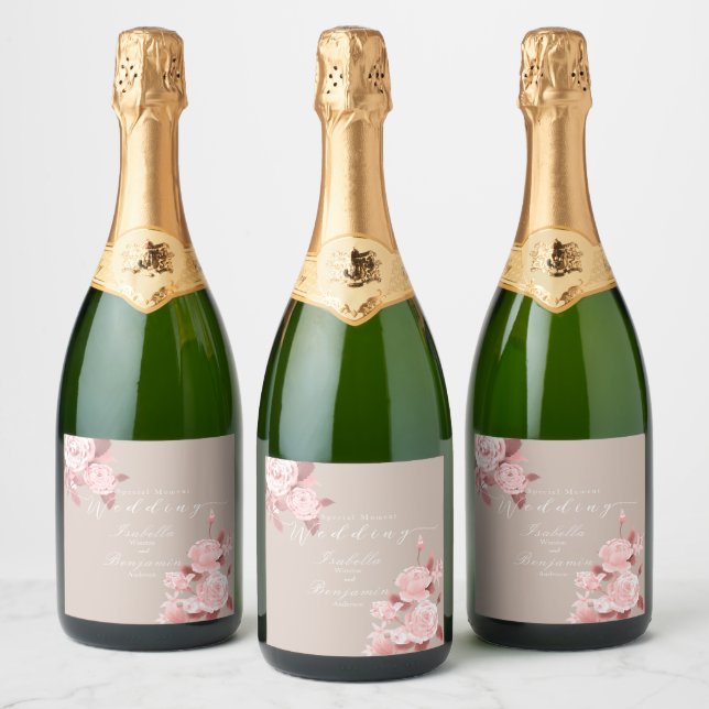 Elegant Chic Rose Wedding  Sparkling Wine Label (Bottles)