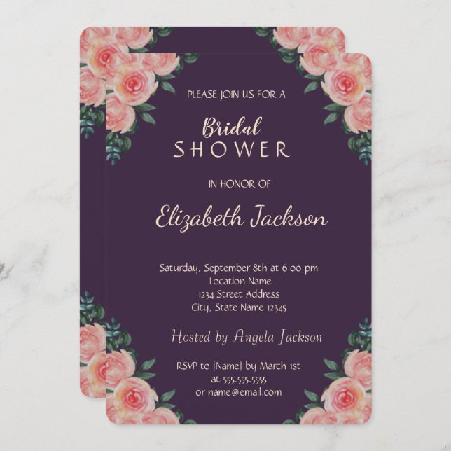 Elegant Chic Roses Purple  Bridal Shower Invitation (Front/Back)