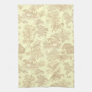 Elegant Chic Rustic Horses Toile Beige Cream Kitchen Towel