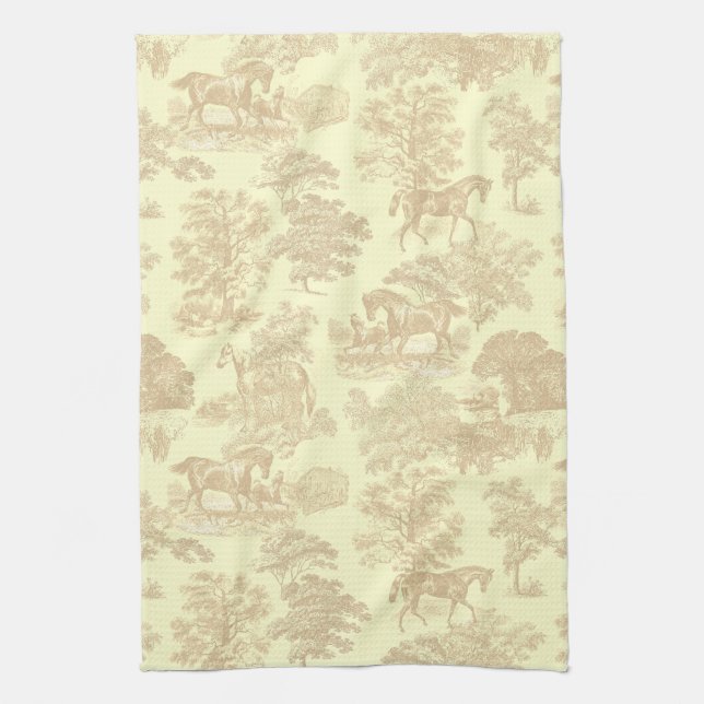 Elegant Chic Rustic Horses Toile Beige Cream Kitchen Towel (Vertical)