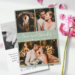 Elegant Chic Sage Green 3 Photo Collage Wedding Thank You Card<br><div class="desc">Modern, Elegant "Love and Thanks" Script Sage Green Wedding 3 Photo Collage Thank You Card. Stylish, chic wedding thank you card template featuring three (3) photo on the front and one (1) photo on the back. With the text "Love and thanks" script in a swirly cursive hand lettered typography swash-tail...</div>