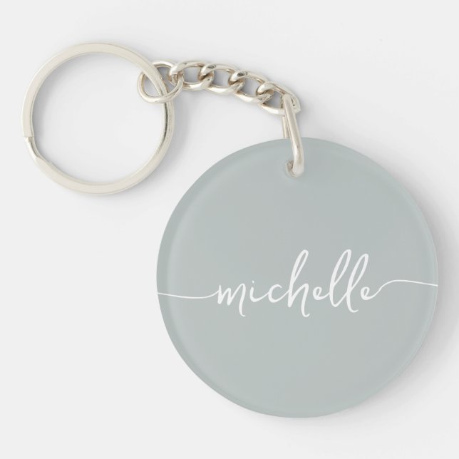 Elegant Chic Sage Green Monogram Script Keychain (Front)