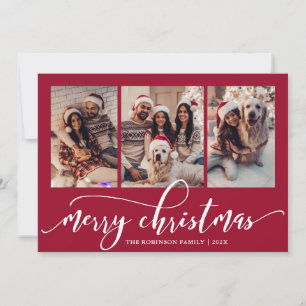 Elegant Chic Script 3 Photo Collage Red Christmas Holiday Card