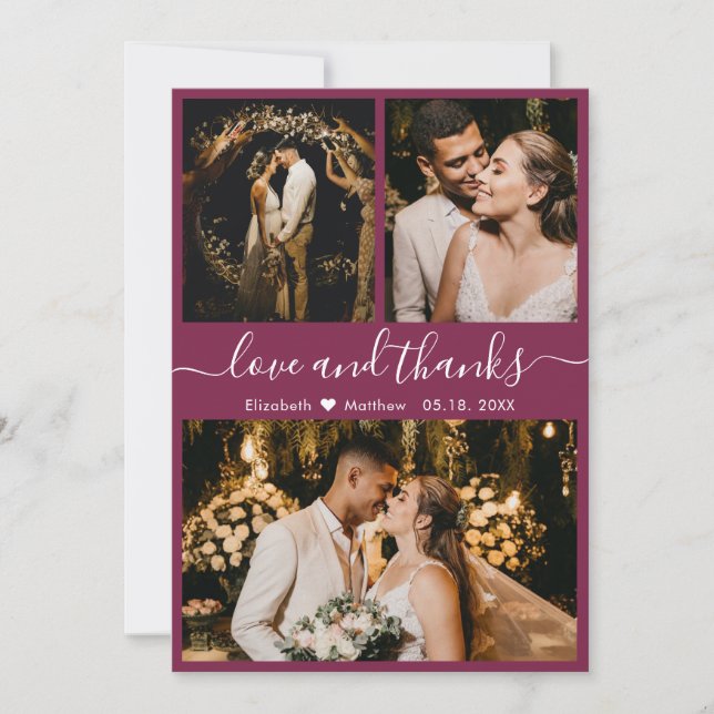 Elegant Chic Script 3 Photo Collage Wedding Thank You Card (Front)