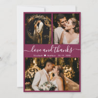 Elegant Chic Script 3 Photo Collage Wedding Thank