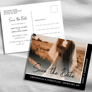 Elegant Chic Script Black and White Photo Wedding  Announcement Postcard