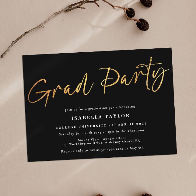 Elegant Chic Script Black Gold Graduation Party Invitation (Creator Uploaded)