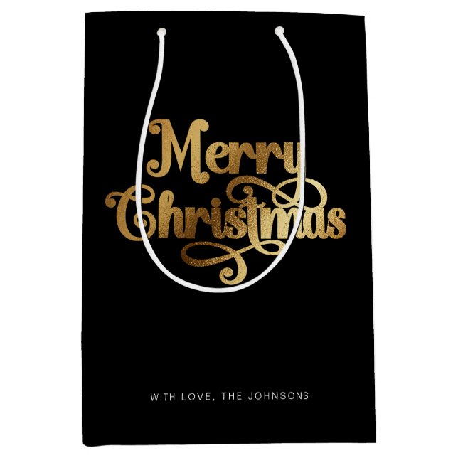 Elegant Chic Script Black Gold Merry Christmas Medium Gift Bag (Front)